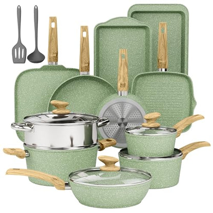 17 Piece Pots and Pans Set Non Stick, Nonstick Induction Granite Kitchen Cookware Sets, Induction Cookware Frying Pans, Nonstick Granite Cooking Set, Pan Sets for Cooking, Green