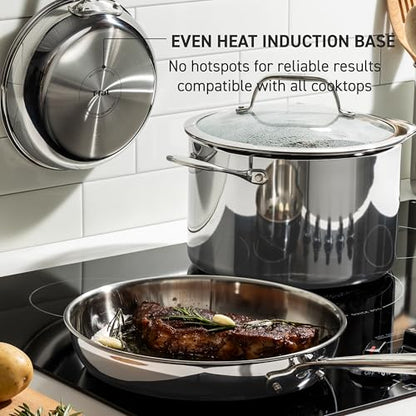 T-Fal Pro Tri-Ply Stainless Steel Large Dutch Oven Pot with Lid, 6 Quart Induction Pot, Oven Safe 500F, Lid 350F, Fast & Even Heat, Professional Quality & Durability, Silver