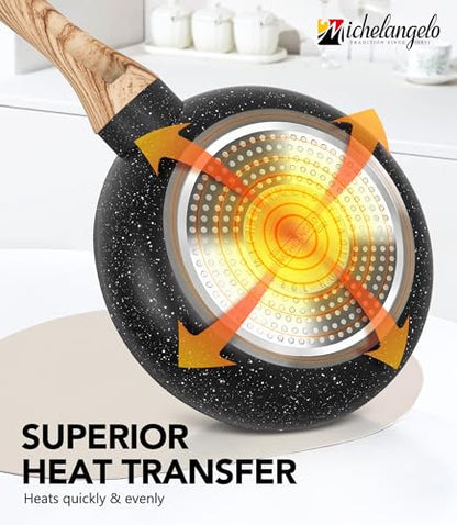 MICHELANGELO 10 Inch Frying Pan with Lid, Nonstick Frying Pan with Healthy Granite Coating, Nonstick Pan with Anti-Scald Handle, Induction Compatible