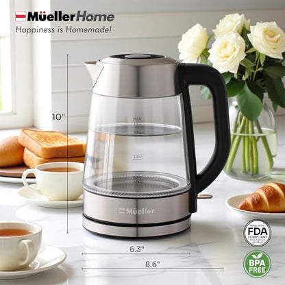 MUELLER HOME Rapid Boil Electric Tea Kettle 1.8L – Borosilicate Glass & Stainless Steel – BPA-Free Hot Water Boiler, LED Light, Auto Shut-Off, Boil Dry Protection Fast Water Heater, Kitchen Appliances