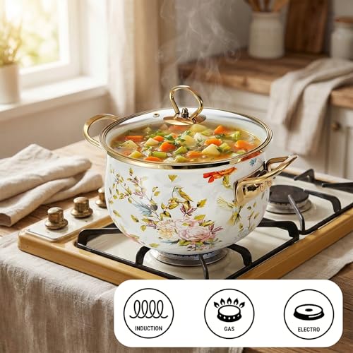 SOUJOY 2.8 Quart Enamel Stockpot with Glass Lid, Vintage Floral Soup Pot, Non-Stick Bean Stew Simmer Pot with Handle for Kitchen, Induction & Gas Stove Safe, Mother's Day, Wedding, Christmas Gift