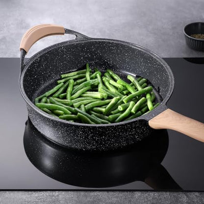 AnimoZest Nonstick Deep Frying Pan with Lid, 5.3 QT Swiss Granite Coating Sauté Pan, 13 Inch Healthy Non Stick Skillet Cooking Pan and Helper Handle with Silicone Cover, PFOA Free, Induction Ready.