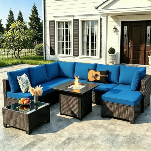 Peacabo Outdoor Patio Furniture Set with Fire Pit Table, 8 Piece Wicker Rattan Sectional Furniture with Thick Cushions