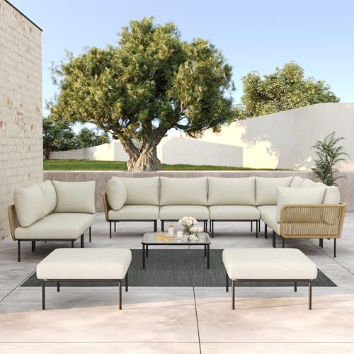 LayinSun 11 Pieces Aluminum Patio Furniture Set, Modern Modular Sectional Sofa with Coffee Table and Upgrade Thickness Cushion