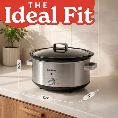 Gourmia Slow Cooker - 7 Quart Removable Ceramic Pot, Manual Controls with 3 Temperature Settings, Dishwasher Safe Crock and Glass Lid, Stainless Steel