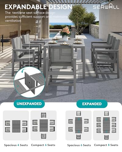 SERWALL 9-Piece Outdoor Dining Set, 60" - 83" Expandable Patio Dining Table with 8 Breathable Textilene Chairs, All Weather HDPE Patio Furniture Set, Grey