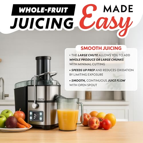 Gourmia Centrifugal Juicer - 6 Speed Digital Juice Extractor with Extra-Wide Chute, Pulse Mode, Self-Clean Cycle, 36 oz Pitcher, Pulp Container & Cleaning Brush, Stainless Steel