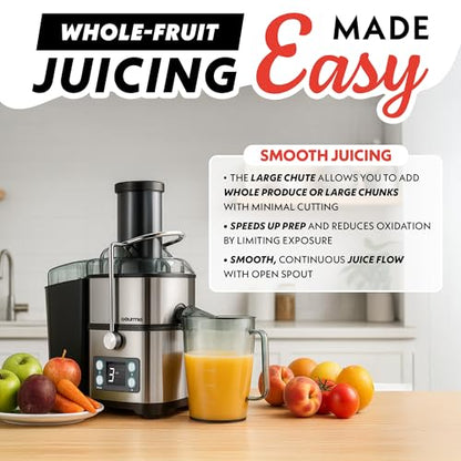 Gourmia Centrifugal Juicer - 6 Speed Digital Juice Extractor with Extra-Wide Chute, Pulse Mode, Self-Clean Cycle, 36 oz Pitcher, Pulp Container & Cleaning Brush, Stainless Steel