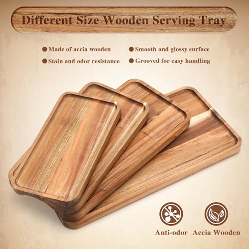 Leinuosen 4 Set Acacia Wooden Serving Platter Solid Wood Serving Trays Rectangular Charcuterie Boards Steak Wooden Plates for Entertaining Party Display Cheese Appetizer (10x5/12x6/14x7/16x8 in)