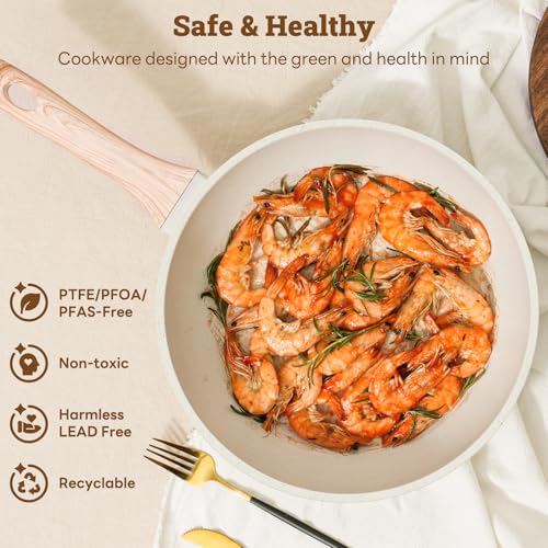 17 Pcs Pots and Pans Set Non stick，Cookware Sets White Granite Induction Cookware, Non-toxic Healthy Non Stick Kitchen Cooking Set with Frying Pans Set, Saucepans (PFAS, PFOA, PFOS Free) White