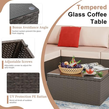Shintenchi 6 Pieces Patio Furniture Sets Outdoor All-Weather Sectional Patio Sofa Set PE Rattan Manual Weaving Wicker Patio Conversation Set with Glass Table&Ottoman Cushion and Red Pillows, Beige