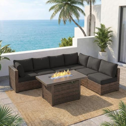 gaildon 7 Piece Outdoor Patio Furniture Set with 42" Fire Pit, Wicker Furniture Sectional Conversation Sofa Set with Comfortable Cushions, Black
