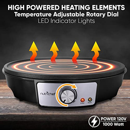 Nutrichef Electric Crepe Maker Pan & Griddle | 12 Inch Nonstick Cooktop | LED Indicators & Adjustable Temperature Control | Includes Spatula, Batter Spreader | Cooks Crepes, Roti & Pancakes
