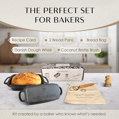 White Oaks Ranch Cast Iron Bread Loaf Pan + Bread Bag + Dough Whisk + Brush | 2-in 1 Pre-Seasoned oven-safe bread pan for homemade bread | 5-Piece Set