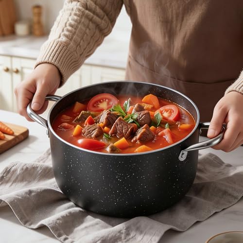 VEVOR Aluminum Stock Pot, 6-Quart Nonstick Ceramic Coated Pot with Glass Lid, PFOA-Free, PFAS-Free, Compatible with Gas Stoves, Induction Cooktops, Electric Stoves, for Soups, Stews, and Pasta