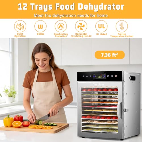 Food Dehydrator Machine with 12 Stainless Steel Trays, 800W Dual-Fan Dehydrator for Home, 24H Timer, 86-194℉ Temperature Control, LED Digital Dispiay for Jerky, Fruit, Vegetable, Herbs, and Dog Treats