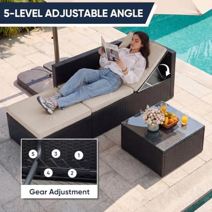 Greesum 3 Piece Patio Furniture Set Outdoor Wicker Rattan Sectional Sofa with Adjustable Seat, Soft Cushions & Coffee Table for Yard, Garden, Porch, Poolside, Beige
