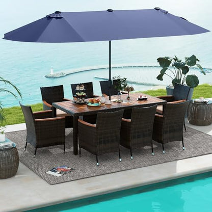 Tangkula 11 Pieces Patio Dining Set with 15ft Double-Sided LED Patio Umbrella (Base Included), Outdoor Rattan Furniture Set with 8 Stackable Chairs, Acacia Wood Dining Table and Umbrella (Navy)