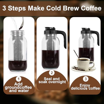 Cold Brew Coffee Maker Pitcher, 64 Oz Heavy Duty Glass Mason Jar Pitcher with V-shaped Pour Spout Handle Lid,Stainless Steel Filter for Iced Coffee,Iced tea,Fruit Drinks,lemonade - Black