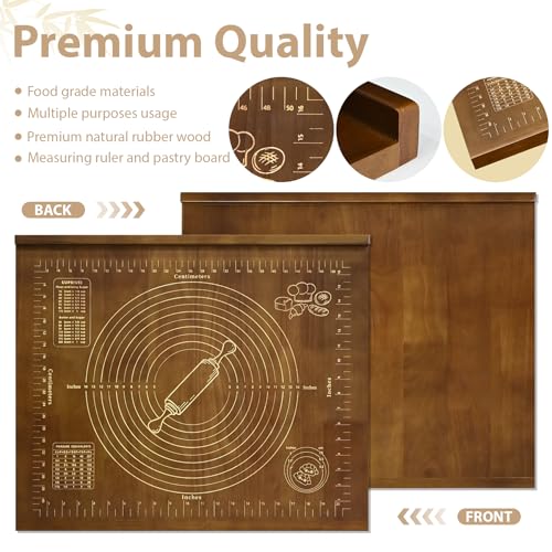 Kuabiz Wooden Pastry Board with Measurement 24'' x 20" Reversible Kneading Board with Side Lip and Engraved Ruler Bread Cutting Boards for Rolling Dough Baking Counter Top Kitchen (Brown)