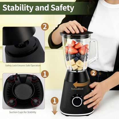 TuGoBlen Countertop Blender 51oz Glass Blending Jar,6.7oz Glass Grinding Cup,for Smoothies, Milkshakes,Baby food,Jam,Crushed Ice, Spices,Nuts,Coffee Beans,Works Well at Home,Office,Party and Festival