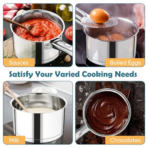 P&P CHEF 1 Quart Saucepan with Lid Set, Stainless Steel Small Cooking Pot Induction Sauce Pan for Pasta Soup, Ergonomic Handle & Tri-ply Base, Dishwasher Safe, 1 Pan