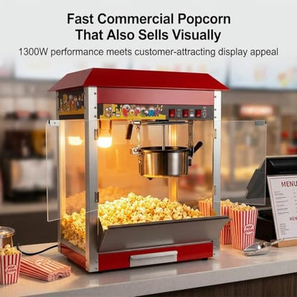 Movie Popcorn Machine, 1300W Commercial Popcorn Maker with 8 Oz Kettle, Stainless Steel Countertop Popcorn Popper, Theater Style for Home & Concession Stands
