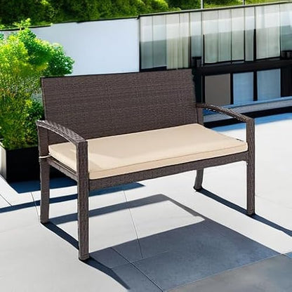 Best Choice Products Outdoor Bench 2-Person Wicker Garden Patio Benches Seating Furniture for Backyard, Porch w/Seat Cushion, 700lb Capacity - Brown/Tan