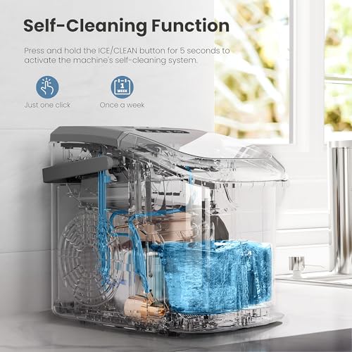 Portable Countertop Ice Maker Machine with Handle, 8 Bullet-Shaped Ice Cubes Ready in 6 Mins, 26Lbs/24H, Self-Cleaning Function with Ice Scoop and Basket for Home/Kitchen/Party (Grey)