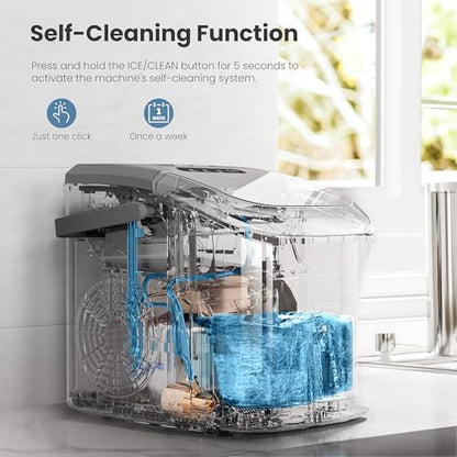 Portable Countertop Ice Maker Machine with Handle, 8 Bullet-Shaped Ice Cubes Ready in 6 Mins, 26Lbs/24H, Self-Cleaning Function with Ice Scoop and Basket for Home/Kitchen/Party (Grey)