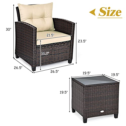 Tangkula 3 Pieces Patio Furniture Set, PE Rattan Wicker 3 Pcs Outdoor Sofa Set w/Washable Cushion and Tempered Glass Tabletop, Conversation Furniture for Garden Poolside Balcony (Beige)