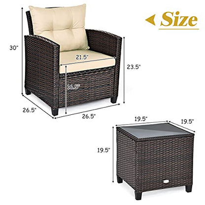Tangkula 3 Pieces Patio Furniture Set, PE Rattan Wicker 3 Pcs Outdoor Sofa Set w/Washable Cushion and Tempered Glass Tabletop, Conversation Furniture for Garden Poolside Balcony (Beige)