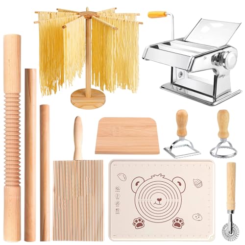 Pasta Making Tools, Pasta Making Kit, Includes Pasta Maker Machine, 1 Pasta Drying Rack, 3 Rolling Pins, 1 Gnocchi Board, 1 Dough Cutter, 1 Ravioli Cutter, 2 Pasta Stamps, 1 Silicone Dough Mat