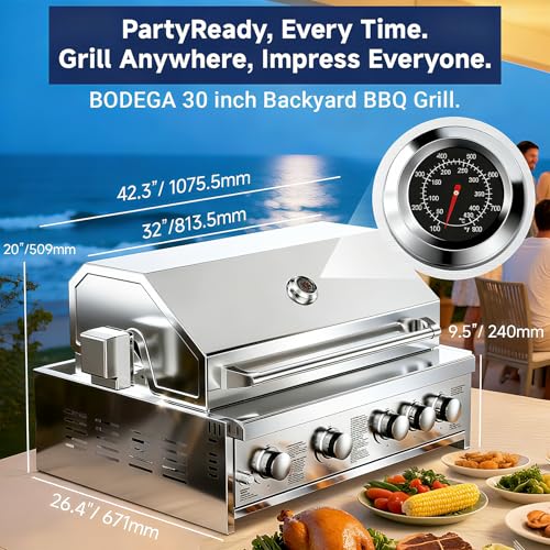 BODEGA Gas Grill Built-In Head, 30-Inch 5-Burner Propane Grill, LP Gas & Natural Gas Convertible, Heavy Duty 304 Stainless Steel 58000-BTUs BBQ Island Kitchen Gas Grill Outdoor Cooking.