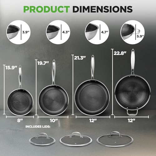 NutriChef 7-Piece Tri-Ply Stainless Steel Frying Pan Set & Wok – Nonstick, Induction Compatible, Oven Safe, Scratch-Resistant, Dishwasher Safe