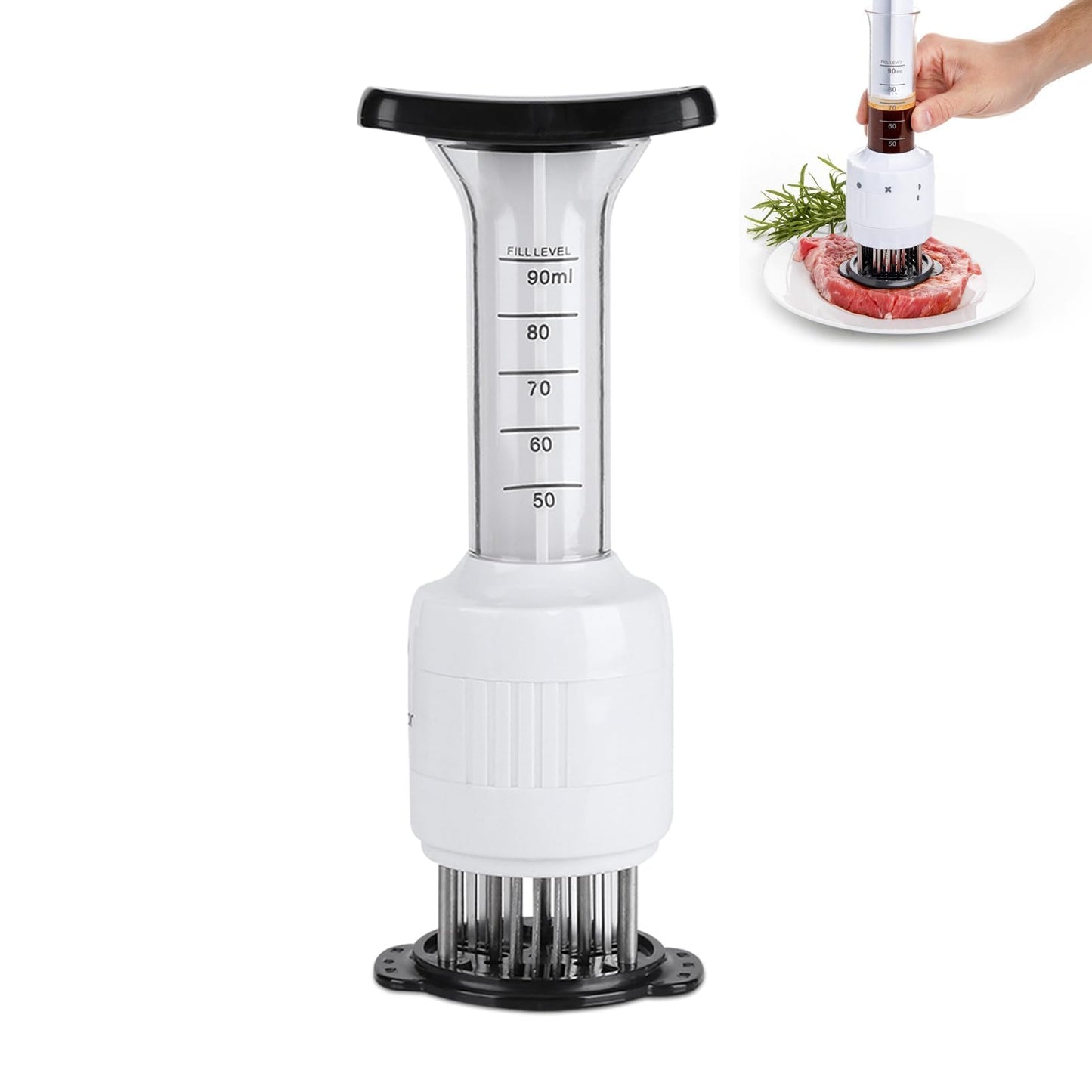 2-in-1 Meat Tenderizer with Marinade Injector, Stainless Steel Needles Flavor Marinade Meat Injector Syringe for BBQ Steak Beef Turkey Brisket Pork Kitchen Cooking Tenderizing Steak Beef Poultry