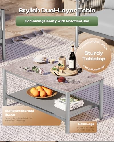 Oasbira Aluminum Outdoor Patio Furniture Set with Dual-Layer Coffee Table, 5 Piece Modern Patio Conversation Sets with PE Rope, Outdoor Sectional Sofa with Thick Cushions for Balcony, Deck, Silver