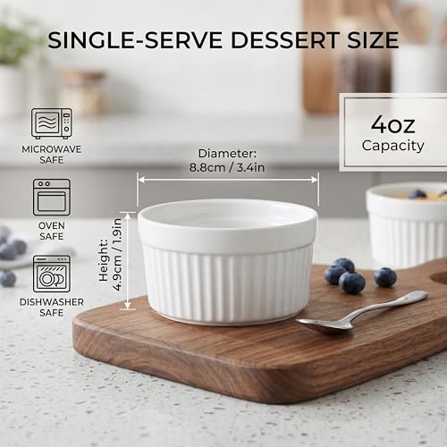 18 Pcs 4 oz Porcelain Ramekins, Oven-Safe Creme Brulee Dishes, Classic White Ramekin Set for Baking, Soufflé, Appetizers, Custard, Pudding, and Dipping Bowls