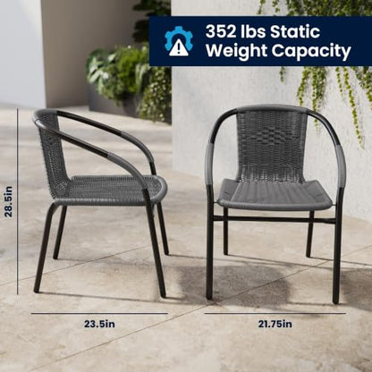 Flash Furniture 5-Piece 28" Square Indoor/Outdoor Patio Table and Chairs Set, Glass Metal Bistro Table and 4 Stacking Rattan Chairs, Gray
