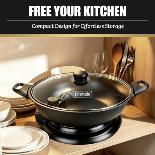 FineMade Electric Wok with Lid, 1400W, Ceramic Coating, Dishwash-safe