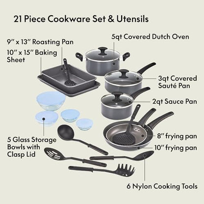 bella Cookware Set with Glass Lids with Nonstick, PFOA Free and Scratch Resistant Surface, Aluminum Bakeware, Pots and Pans, Storage Bowls & Utensils, Compatible with All Stovetops, 21 Piece, Gray