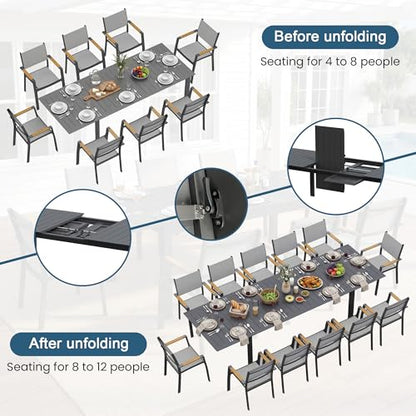Outdoor Dining Set, Patio Furniture Set with 121" Extendable Dining Table, Outdoor Furniture Set for 4–12 People, All-Weather Aluminum Patio Table and Chairs set for Backyard, Porch, Garden, Grey