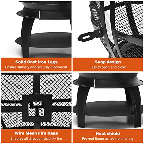 Giantex Wood Burning Chiminea, Heavy Duty Fireplace Chiminea Wooden Fire Pit with 2-Piece Log Grate, Premium Rain Cap & Fire Poker, 360°Fire Retardant Mesh Cover, Ideal for Garden, Patio, Backyard