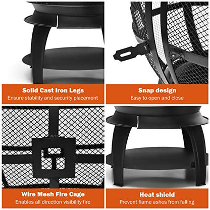 Giantex Wood Burning Chiminea, Heavy Duty Fireplace Chiminea Wooden Fire Pit with 2-Piece Log Grate, Premium Rain Cap & Fire Poker, 360°Fire Retardant Mesh Cover, Ideal for Garden, Patio, Backyard