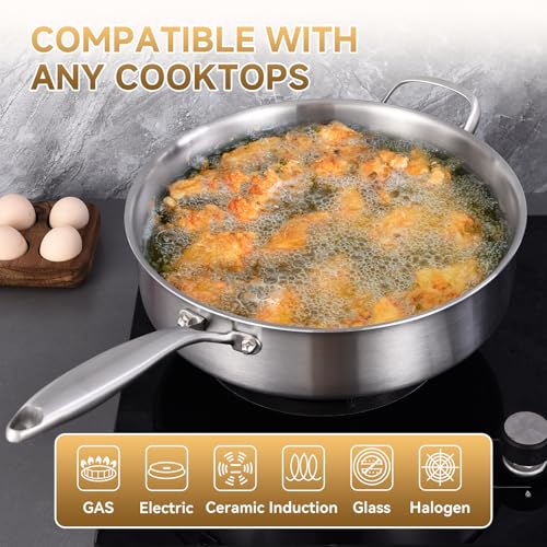 Inqibee 3 Quarts Tri-Ply Stainless Steel Sauté Pan with Lid, 10 inch Induction Cookware Deep Frying Pan Cooking Skillet, Induction Compatible, All Cooktops, Dishwasher and Oven Safe