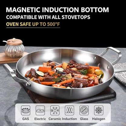 Inqibee 14 Inch Stainless Steel Paella Pan with Lid, Large Frying Pan Skillet with Double Riveted Handles, Wide Shallow Paellera for Stovetop, Induction Compatible, Oven Safe, Dishwasher Safe