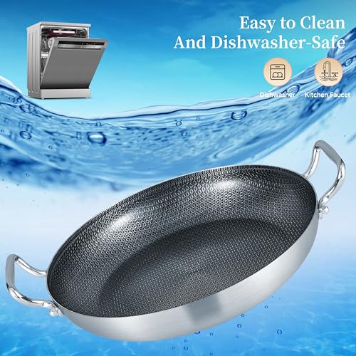 Inqibee 13-Inch Hybrid Tri-Ply Stainless Steel Paella Pan with Lid, Ceramic Non Stick Large Skillet, Induction Cooking Pan, Anti-Scratch, Dishwasher and Oven Safe