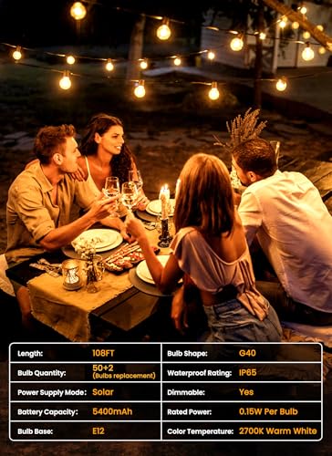 Brightown 108FT 52LED Solar String Lights Outdoor with Remote & USB Port, Shatterproof Bulbs, Dimmable & Timable, 3 Modes, Patio Lights Solar Powered with Mount Clips for Camping Backyard Garden Decor