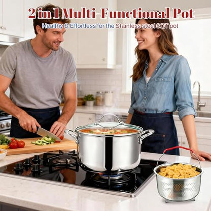 AOSION 6 Quart Stainless Steel Stock Pot with Strainer Lid & Deep Fryer Basket, Large Multipurpose Cookware for Spaghetti, Soup, Stew & Deep Frying, Compatible with All Stovetops & Oven Safe.