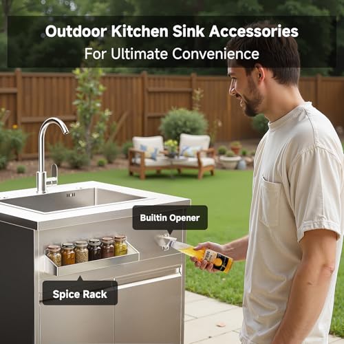 BODEGA Stainless Steel Single bowl kitchen sink Cabinet With hose hookup and Faucet, Outdoor Kitchen Sink with Storage, Brake Wheels & Spice Rack, All-Weather Sink, Use For RV, Yard,Garage,Restaurant.